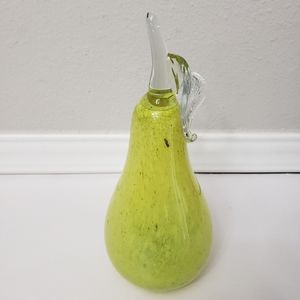 Glass Figurine Yellow Pear Art Hand Blown Mottled Fruit Applied Stem Leaf